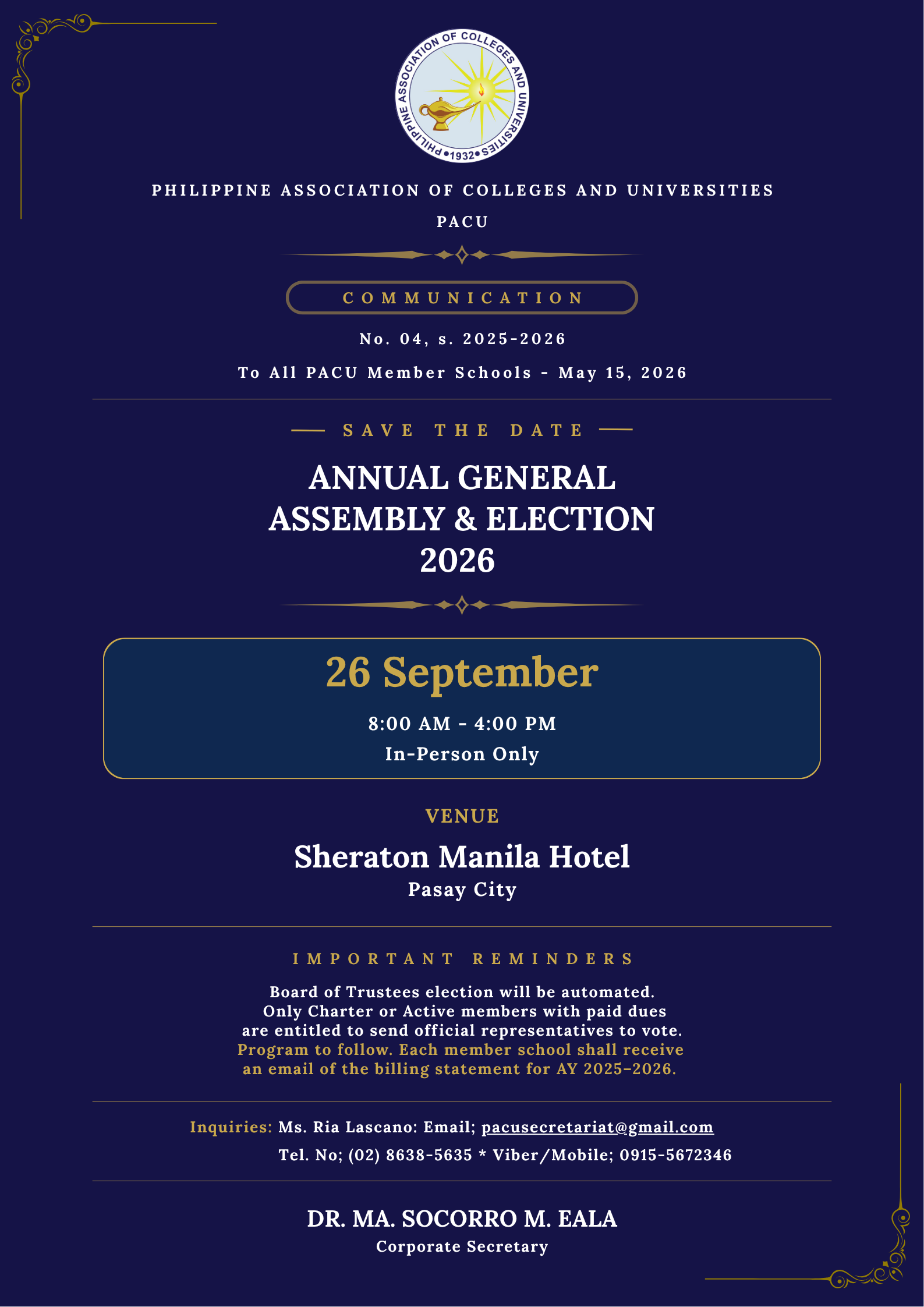 PACU Annual General Assembly and Election 2026 - Save the Date